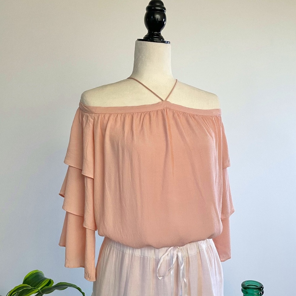 ** SOLD ** Pink Cold Shoulder Crepe Blouse - Size M